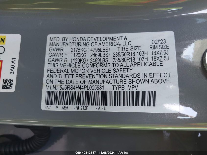 2023 Honda Cr-V Ex Awd VIN: 5J6RS4H44PL005981 Lot: 40813557
