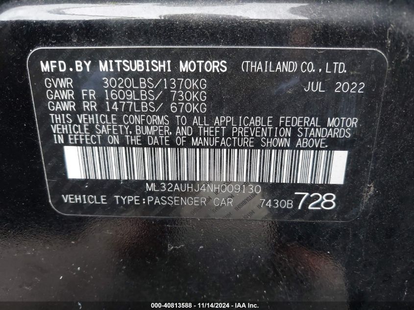 2022 Mitsubishi Mirage Es/Le VIN: ML32AUHJ4NH009130 Lot: 40813588