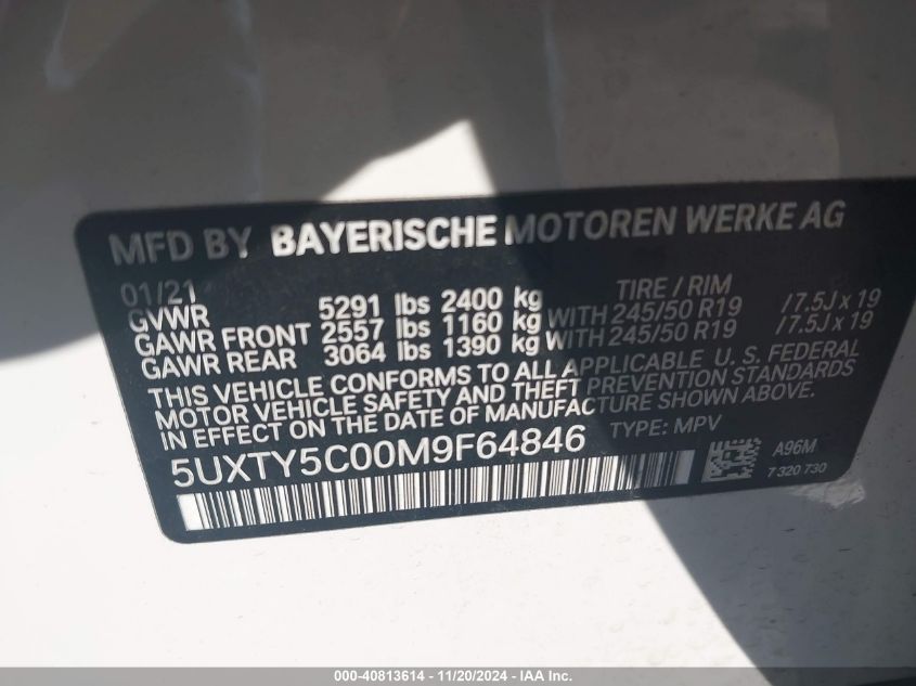 2021 BMW X3 xDrive30I VIN: 5UXTY5C00M9F64846 Lot: 40813614