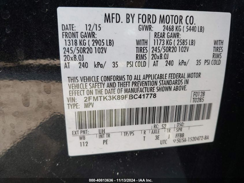 2015 Ford Edge Titanium VIN: 2FMTK3K89FBC41778 Lot: 40813636