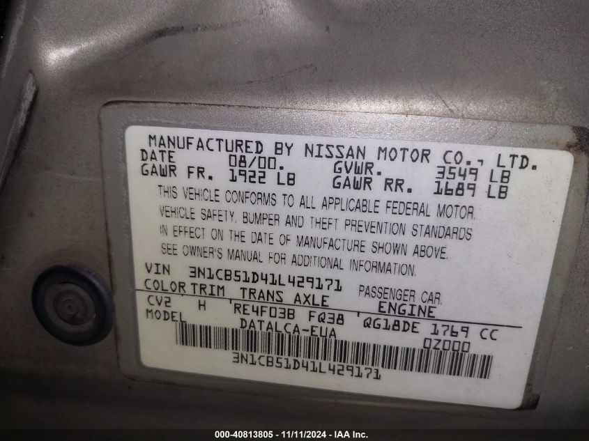 2001 Nissan Sentra Xe/Gxe VIN: 3N1CB51D41L429171 Lot: 40813805