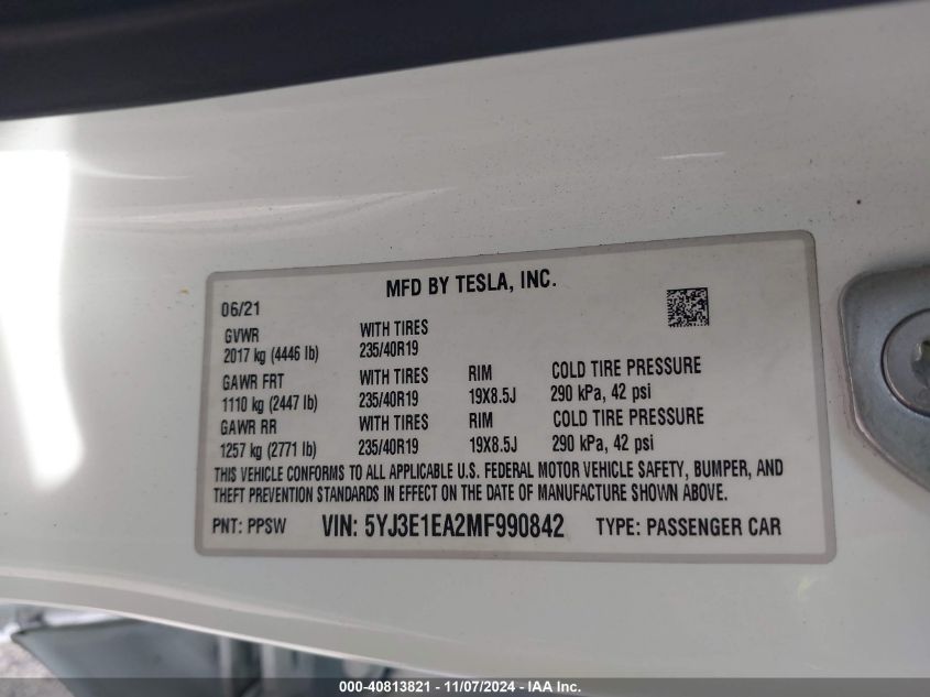 VIN 5YJ3E1EA2MF990842 2021 Tesla Model 3, Standard... no.9