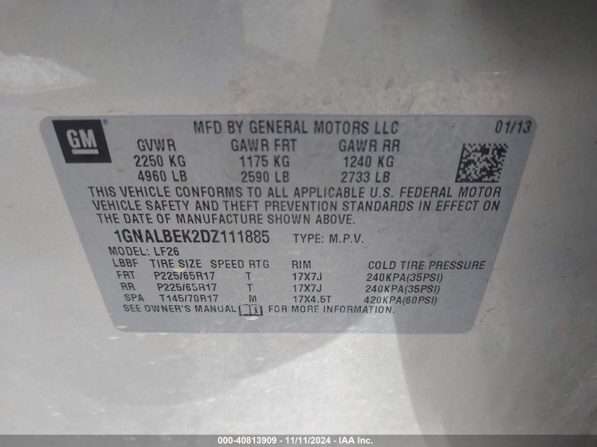 2013 CHEVROLET EQUINOX VIN: 1GNALBEK2DZ111885
