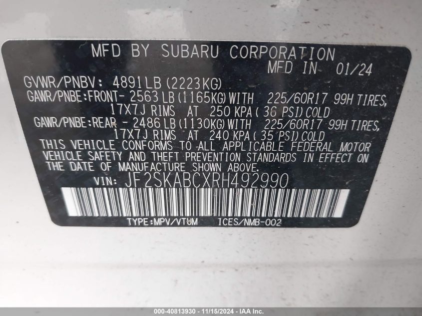 2024 Subaru Forester VIN: JF2SKABCXRH492990 Lot: 40813930