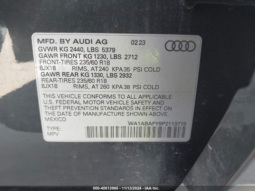 2023 Audi Q5 Premium 40 Tfsi Quattro S Tronic VIN: WA1ABAFY9P2113715 Lot: 40813965