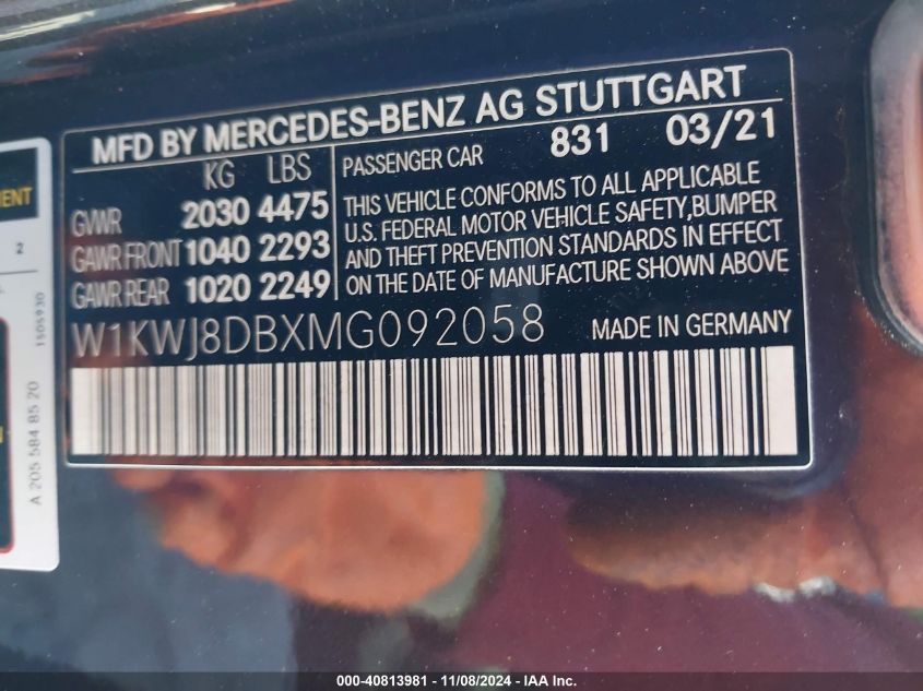 2021 Mercedes-Benz C 300 Coupe VIN: W1KWJ8DBXMG092058 Lot: 40813981