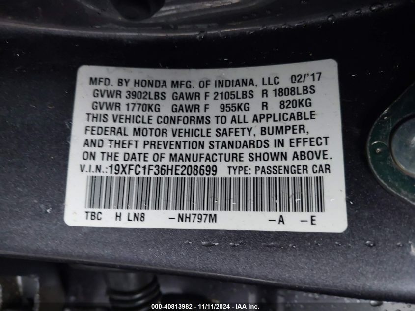 VIN 19XFC1F36HE208699 2017 Honda Civic, Ex-T no.9