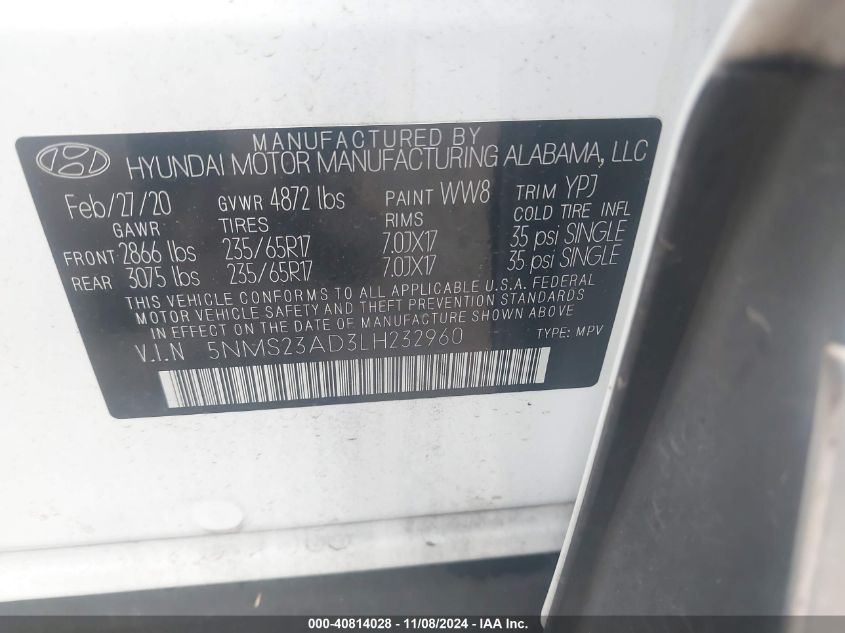 2020 Hyundai Santa Fe Se VIN: 5NMS23AD3LH232960 Lot: 40814028