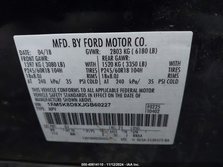 VIN 1FM5K8D8XJGB60227 2018 FORD EXPLORER no.9