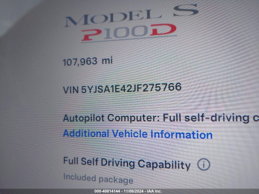 2018 Tesla Model S 100D/75D/P100D VIN: 5YJSA1E42JF275766 Lot: 40814144