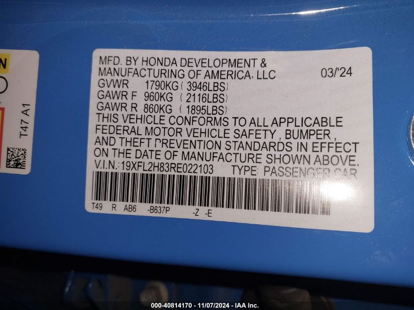 2024 Honda Civic Sport VIN: 19XFL2H83RE022103 Lot: 40814170