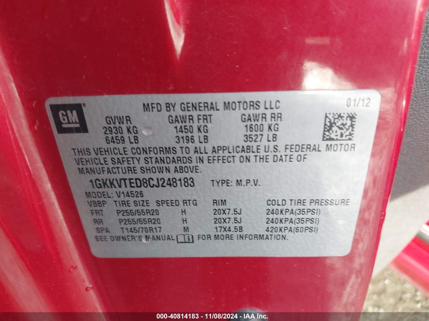 2012 GMC ACADIA VIN: 1GKKVTED8CJ248183