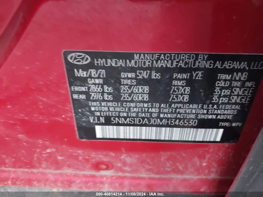 2021 Hyundai Santa Fe Se VIN: 5NMS1DAJ0MH346530 Lot: 40814214