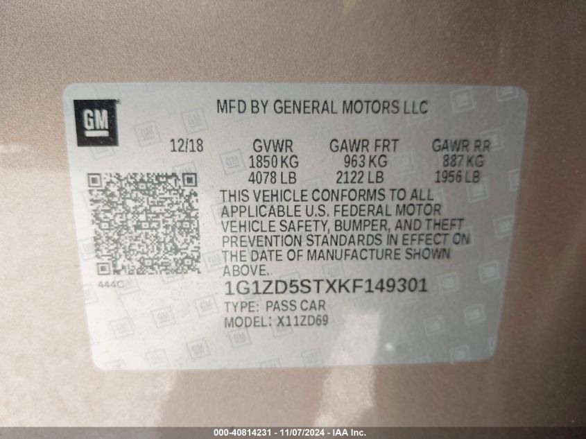 2019 CHEVROLET MALIBU VIN: 1G1ZD5STXKF149301