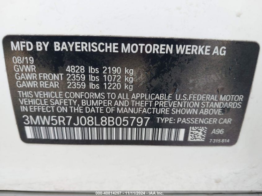 2020 BMW 330I xDrive VIN: 3MW5R7J08L8B05797 Lot: 40814257