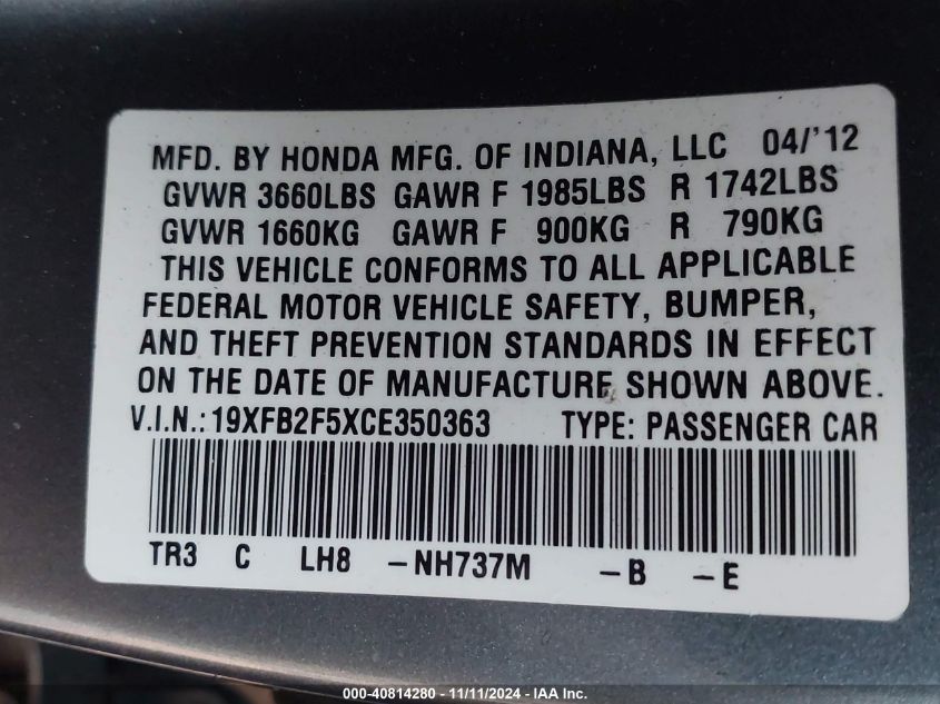 2012 Honda Civic Lx VIN: 19XFB2F5XCE350363 Lot: 40814280