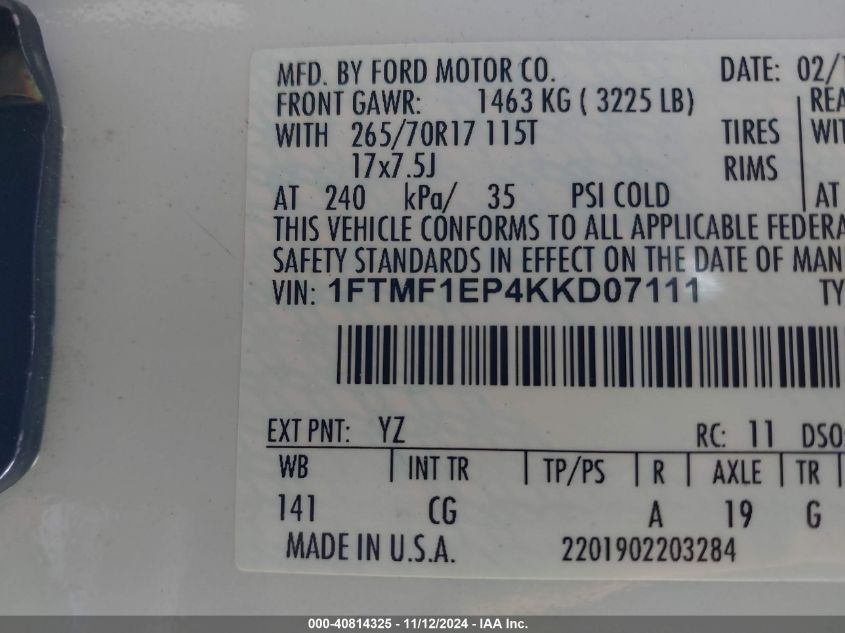 2019 Ford F-150 Xl VIN: 1FTMF1EP4KKD07111 Lot: 40814325