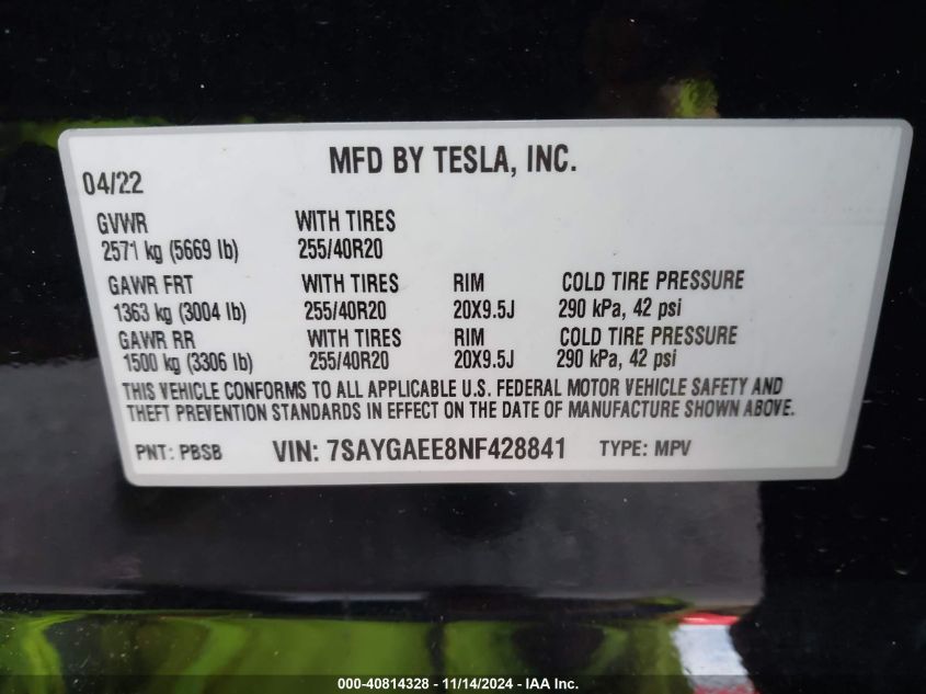 2022 Tesla Model Y Long Range Dual Motor All-Wheel Drive VIN: 7SAYGAEE8NF428841 Lot: 40814328