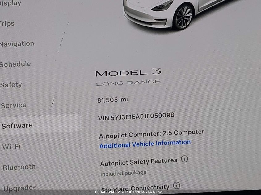 2018 Tesla Model 3 Long Range/Mid Range VIN: 5YJ3E1EA5JF059098 Lot: 40814361