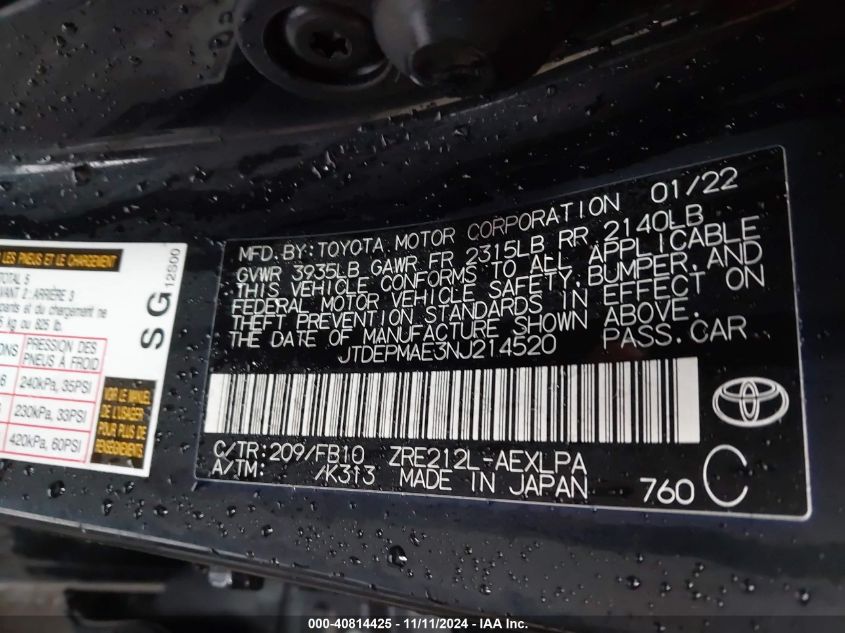 VIN JTDEPMAE3NJ214520 2022 TOYOTA COROLLA LE