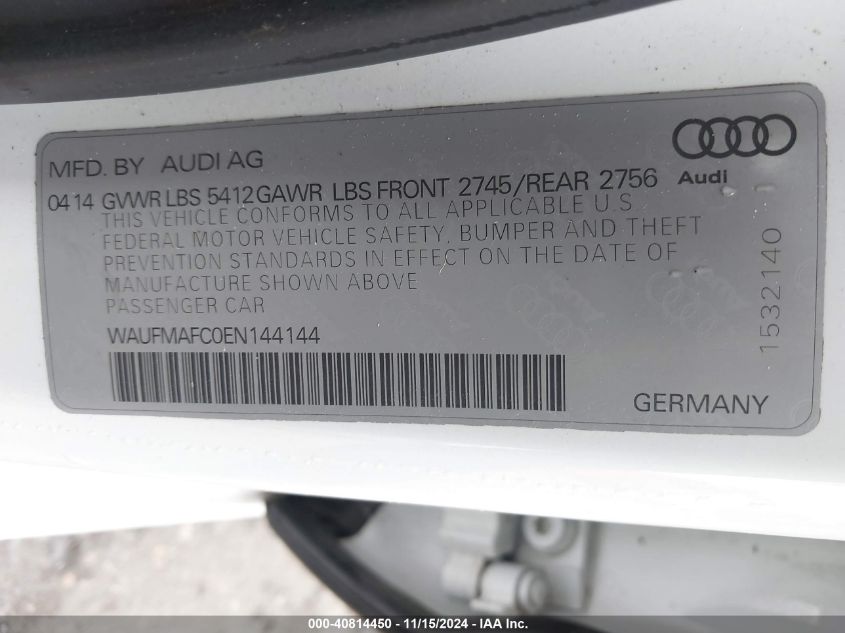 2014 Audi A6 3.0 Tdi Premium Plus VIN: WAUFMAFC0EN144144 Lot: 40814450