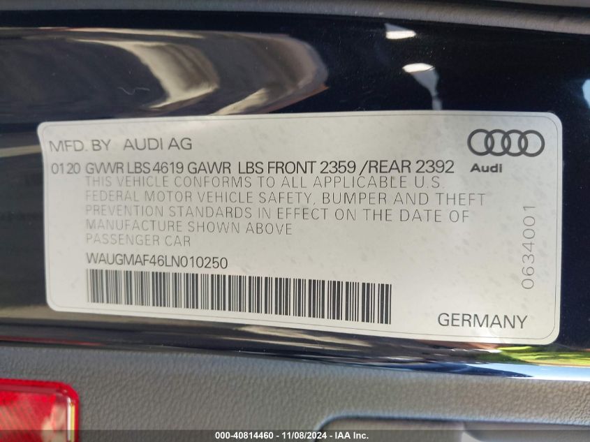 2020 Audi A4 Premium 40 Tfsi Front-Wheel Drive S Tronic VIN: WAUGMAF46LN010250 Lot: 40814460