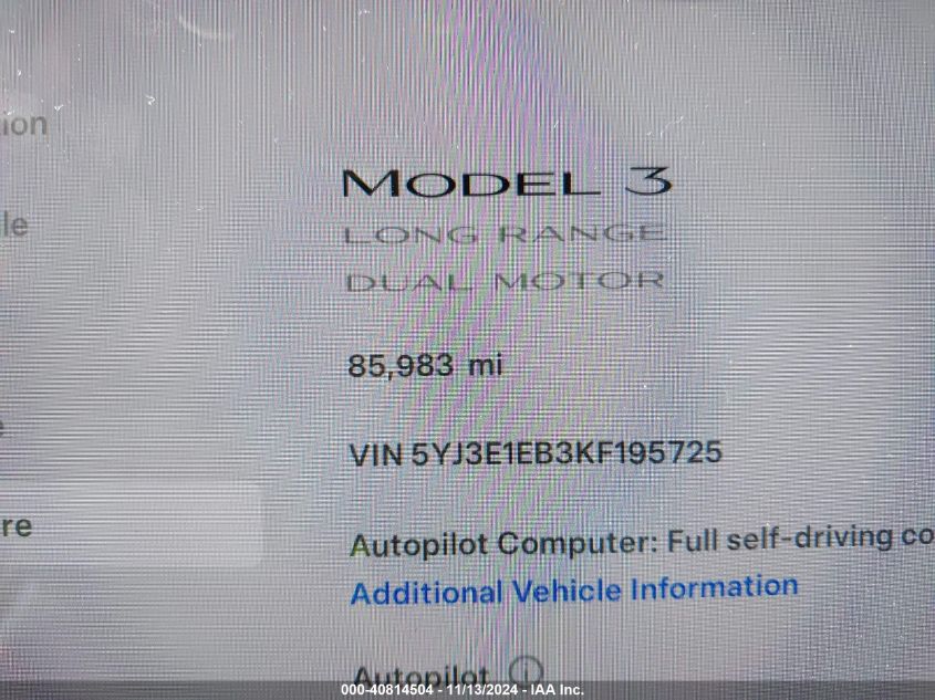 VIN 5YJ3E1EB3KF195725 2019 Tesla Model 3, Long Rang... no.15