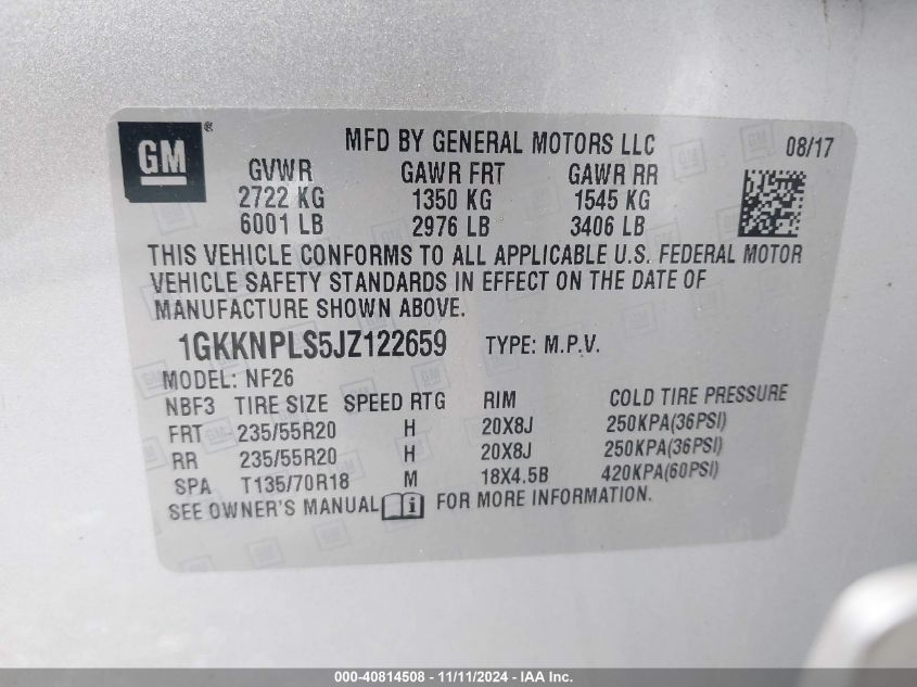 2018 GMC Acadia Denali VIN: 1GKKNPLS5JZ122659 Lot: 40814508