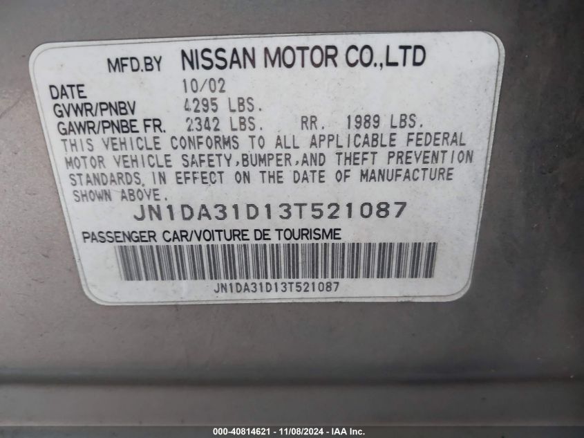 2003 Nissan Maxima Se VIN: JN1DA31D13T521087 Lot: 40814621