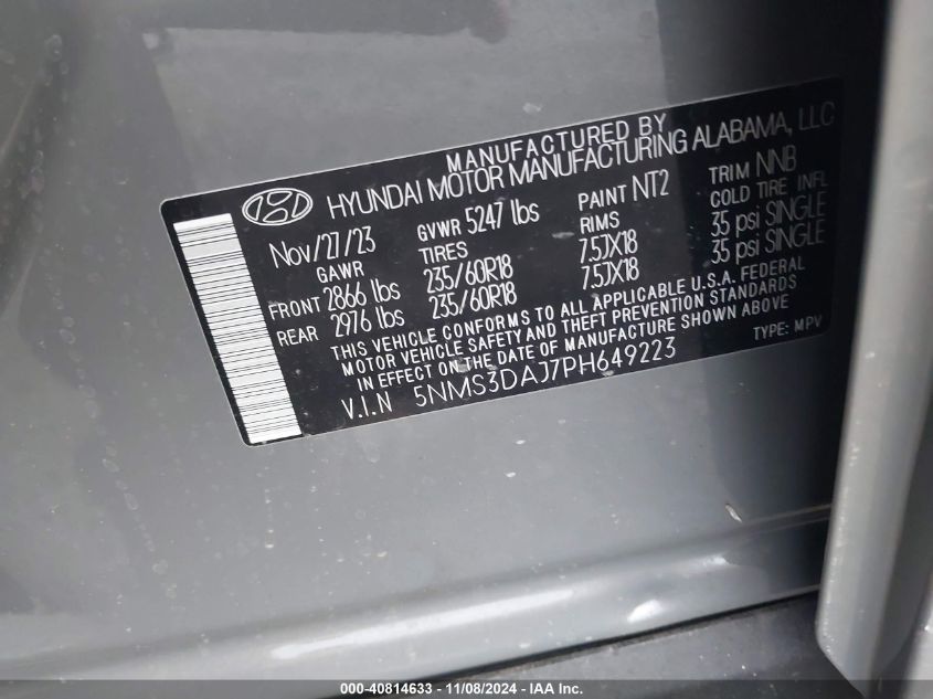 2023 Hyundai Santa Fe Sel VIN: 5NMS3DAJ7PH649223 Lot: 40814633