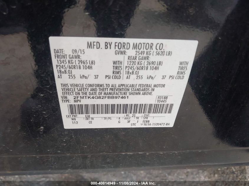 2015 Ford Edge Se VIN: 2FMTK4G82FBB97461 Lot: 40814949