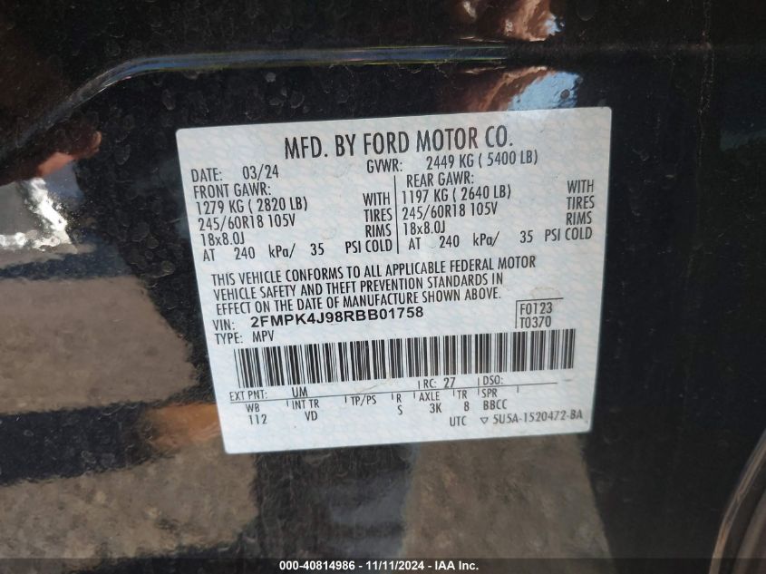 2024 Ford Edge Sel VIN: 2FMPK4J98RBB01758 Lot: 40814986