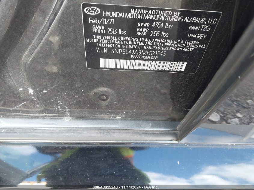 2021 Hyundai Sonata Sel VIN: 5NPEL4JA3MH121545 Lot: 40815248