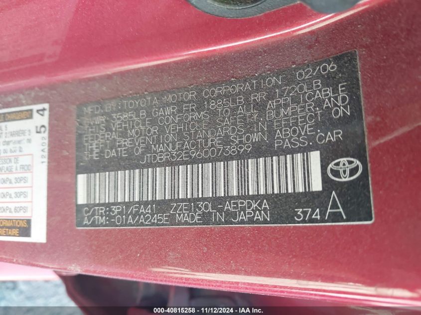 2006 Toyota Corolla Ce VIN: JTDBR32E960073899 Lot: 40815258