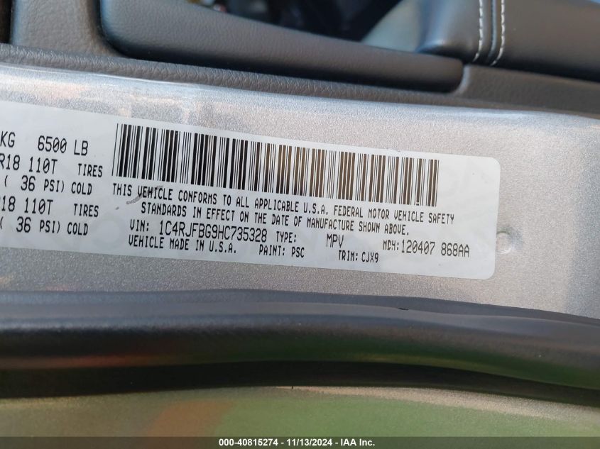 VIN 1C4RJFBG9HC735328 2017 JEEP GRAND CHEROKEE LIMITED 4X4