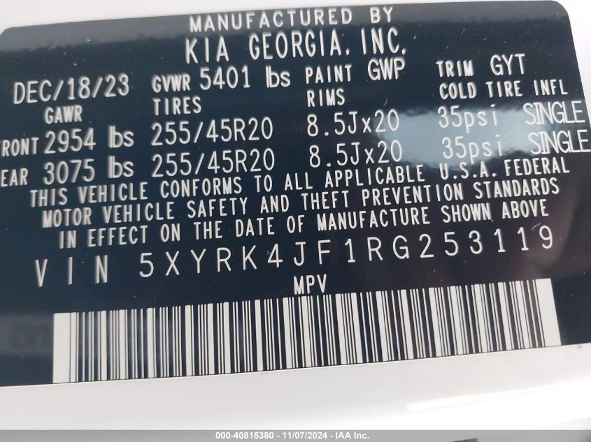 2024 Kia Sorento Sx VIN: 5XYRK4JF1RG253119 Lot: 40815380