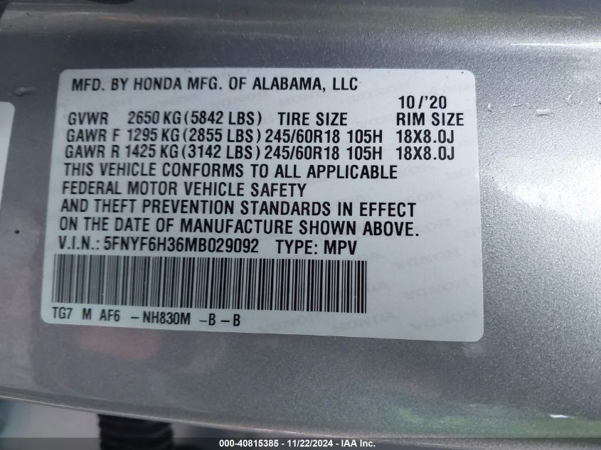 2021 Honda Pilot Awd Ex VIN: 5FNYF6H36MB029092 Lot: 40815385