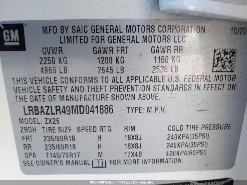 2021 Buick Envision Fwd Preferred VIN: LRBAZLR49MD041886 Lot: 40815409