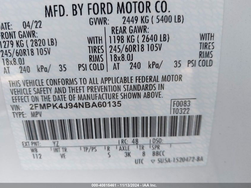 2022 Ford Edge Sel VIN: 2FMPK4J94NBA60135 Lot: 40815461