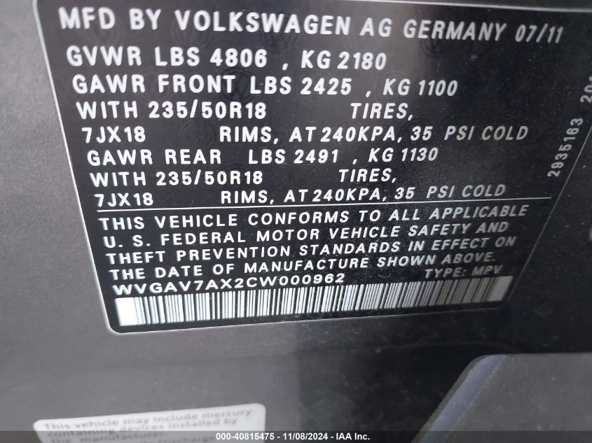 2012 Volkswagen Tiguan Se VIN: WVGAV7AX2CW000962 Lot: 40815475