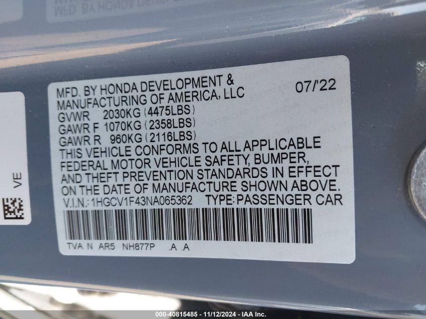 2022 Honda Accord Sport Special Edition VIN: 1HGCV1F43NA065362 Lot: 40815485