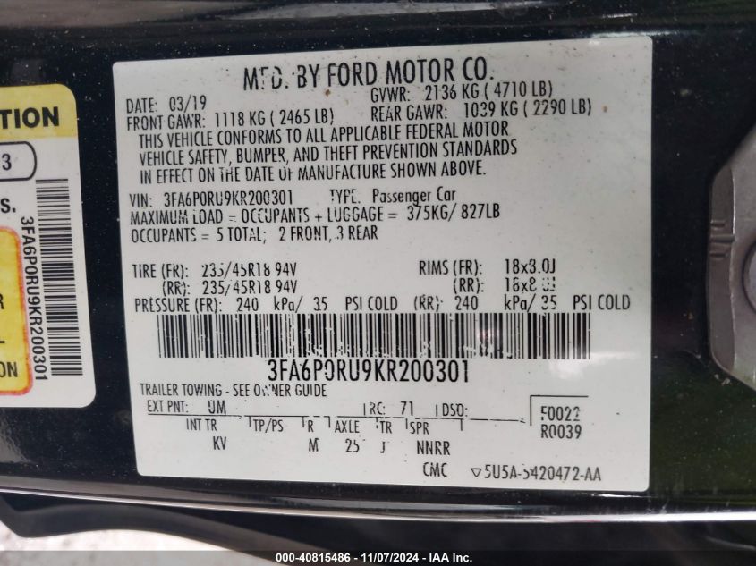 2019 Ford Fusion Hybrid Titanium VIN: 3FA6P0RU9KR200301 Lot: 40815486