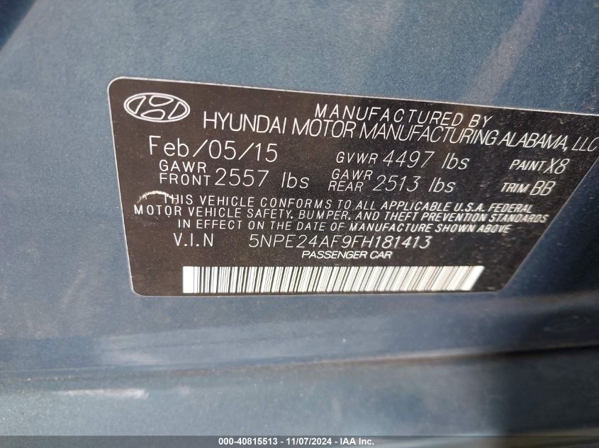 2015 Hyundai Sonata Se VIN: 5NPE24AF9FH181413 Lot: 40815513