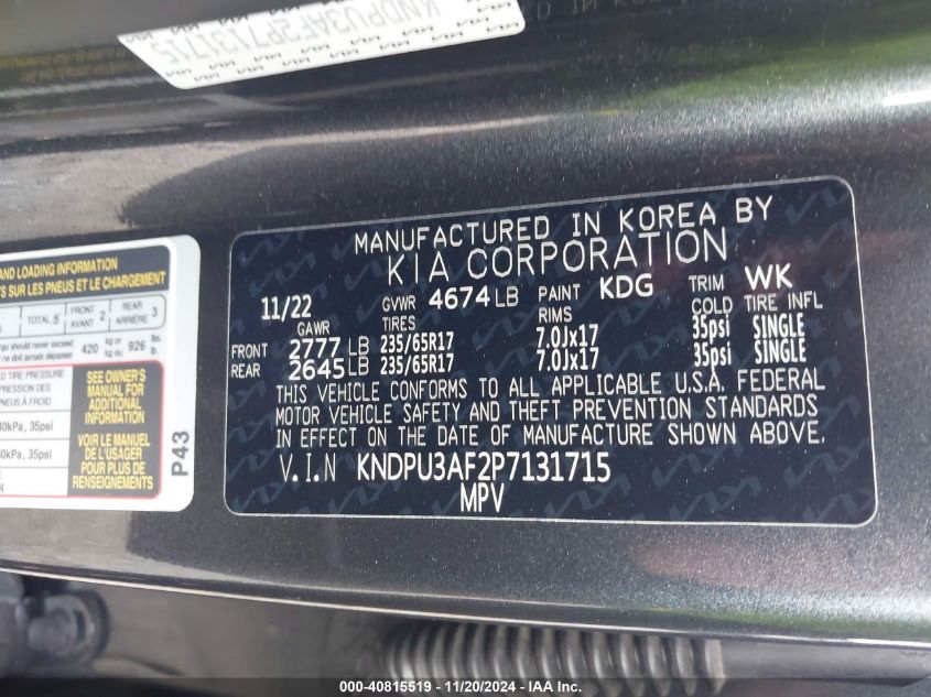 VIN KNDPU3AF2P7131715 2023 KIA SPORTAGE LX
