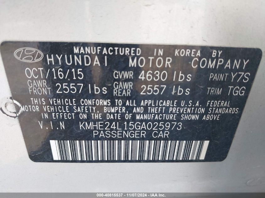 2016 Hyundai Sonata Hybrid Se VIN: KMHE24L15GA025973 Lot: 40815537