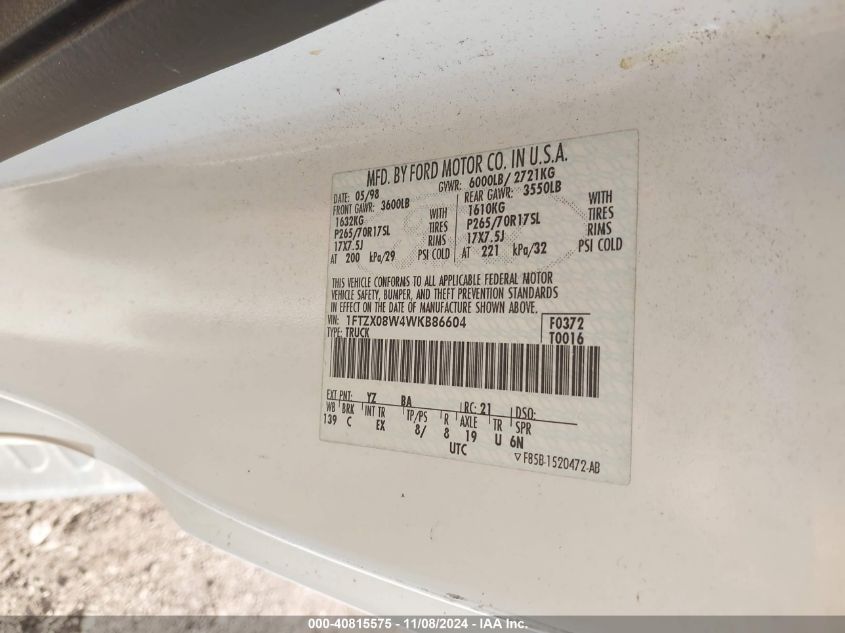 1998 Ford F-150 Lariat/Xl/Xlt VIN: 1FTZX08W4WKB86604 Lot: 40815575