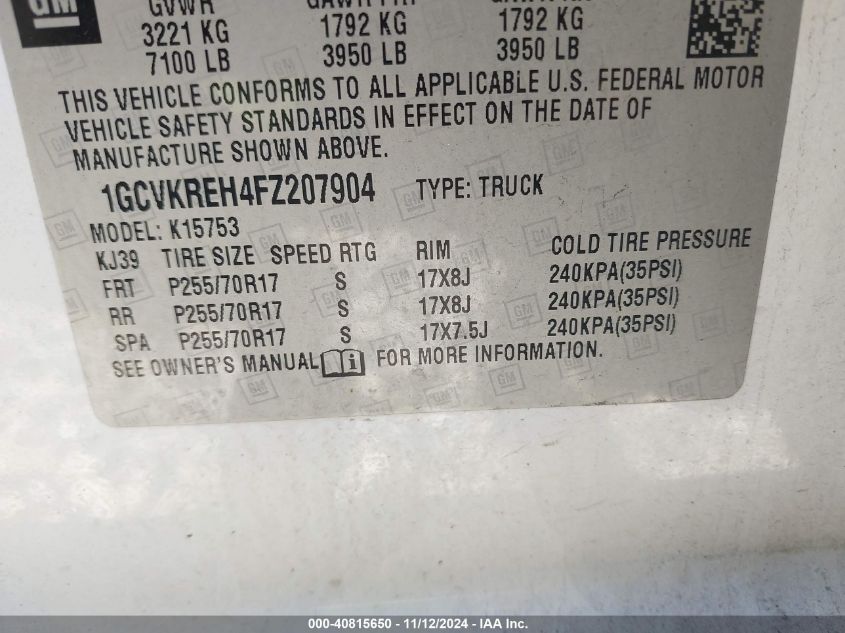 2015 CHEVROLET SILVERADO VIN: 1GCVKREH4FZ207904