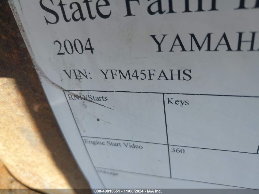 2004 Yamaha Electric VIN: YFM45FAHS Lot: 40815651