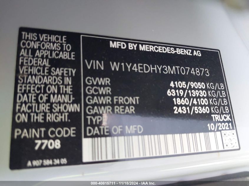 2021 Mercedes-Benz Sprinter 2500 High Roof V6 VIN: W1Y4EDHY3MT074873 Lot: 40815711