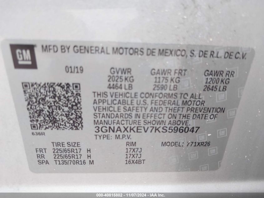 2019 CHEVROLET EQUINOX LT - 3GNAXKEV7KS596047